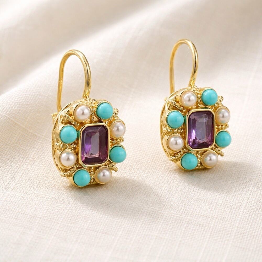 Museum Amethyst Earrings Gold Pearl Flower Turquoise Court Boho Statement VTG CZ - Picture 2 of 7